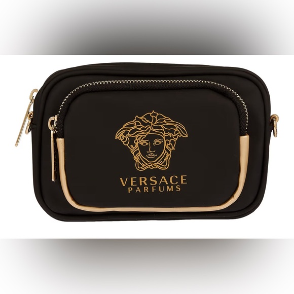 Versace Parfums Black and Gold Pouch Vanity Bag Gold Medusa Front Logo - Picture 1 of 16